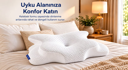 Avecore Kelebek Uyku Yastığı Boyun Destekli %100 Memory Foam Visco Yastık (BEYAZ)