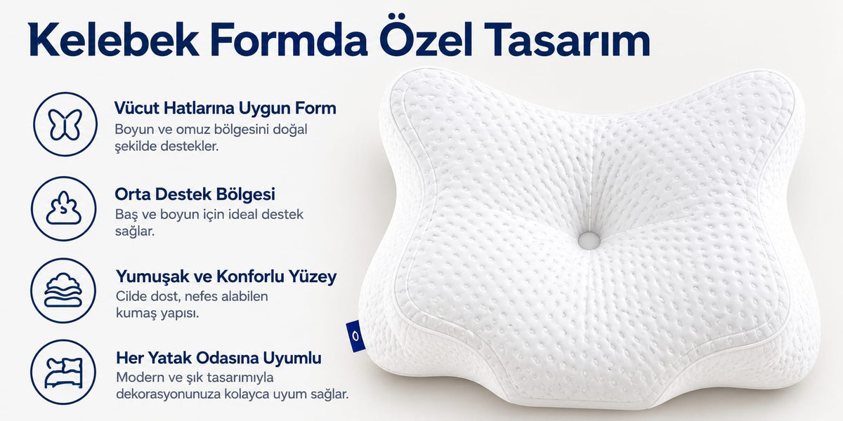 Avecore Kelebek Uyku Yastığı Boyun Destekli %100 Memory Foam Visco Yastık (BEYAZ)
