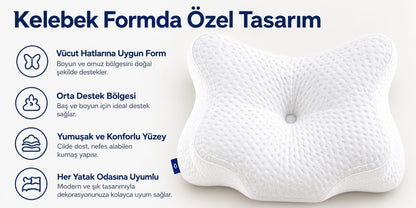 Avecore Kelebek Uyku Yastığı Boyun Destekli %100 Memory Foam Visco Yastık (BEYAZ)